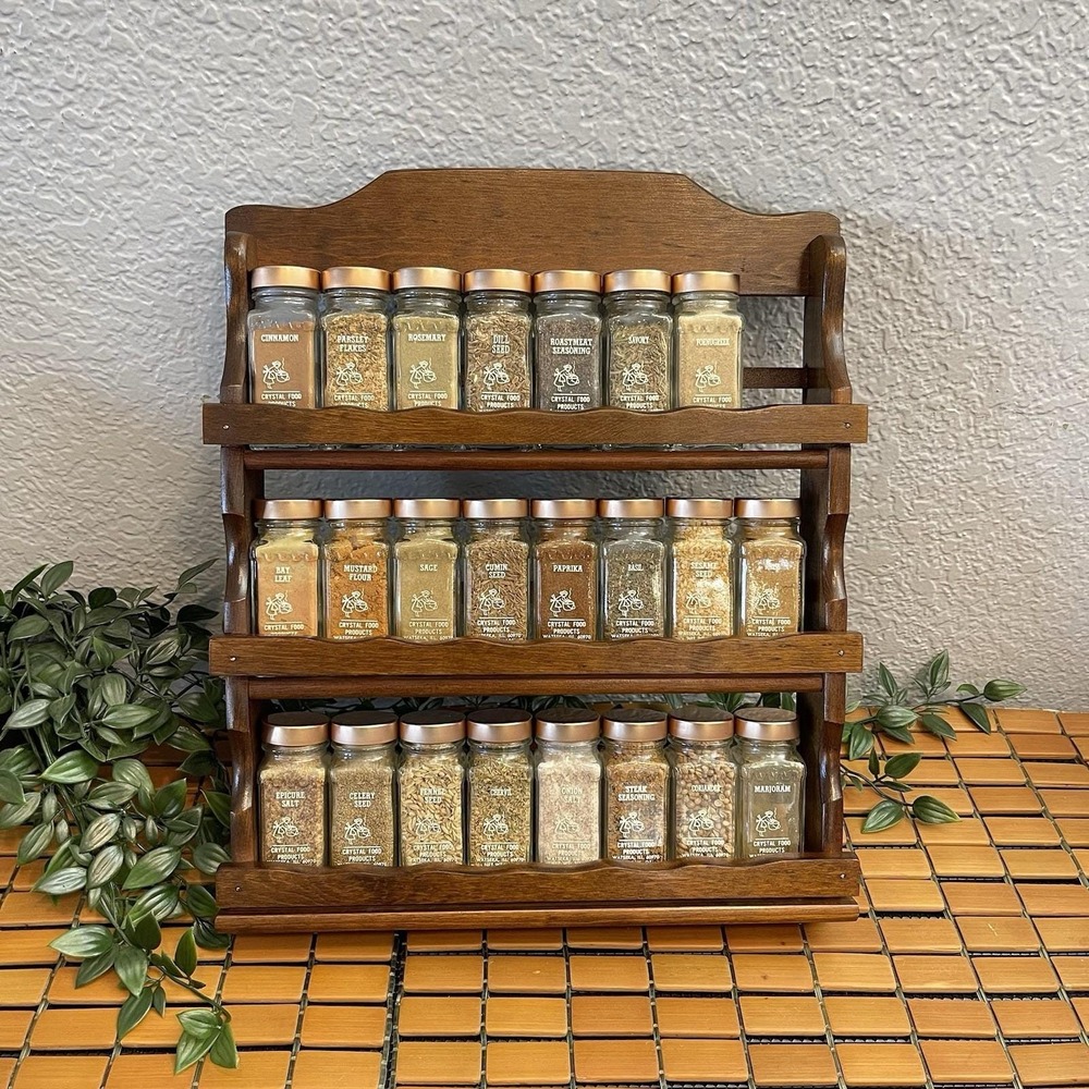 Vintage Crystal Food Products Wooden Spice Rack 3 Tier 23 Glass Cooper Tone Lids